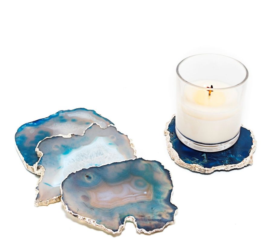 Blue Agate Crystal with Silver Trim, Candle Coaster - Medium