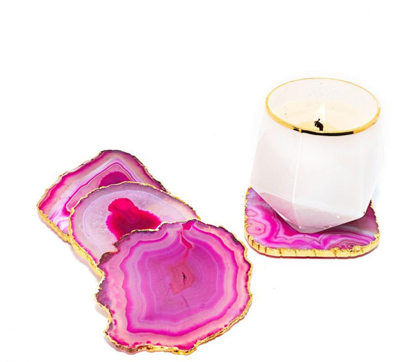 Pink Agate Crystal with Gold Trim, Candle Coaster - Large